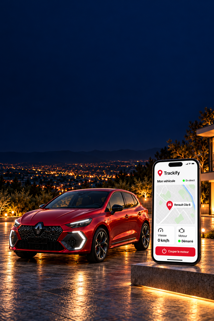 Voiture garée de nuit et application Trackify ouverte sur un téléphone